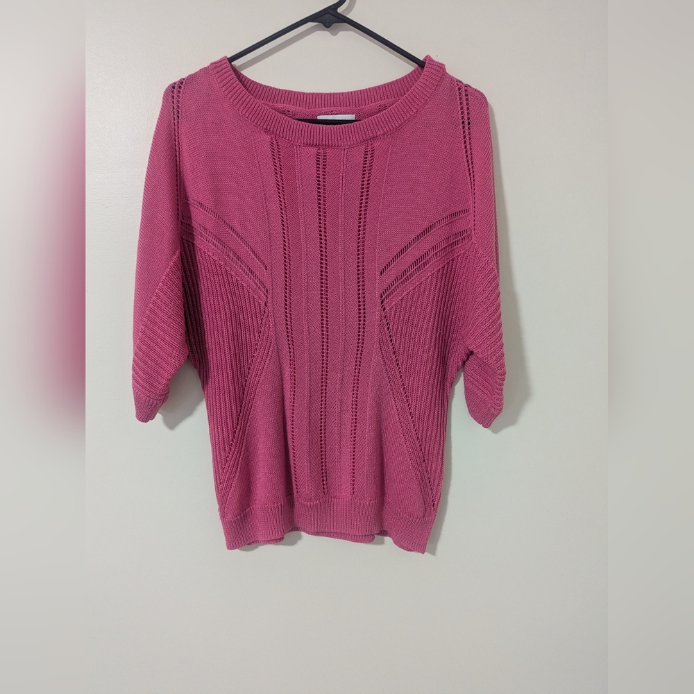 New York & Company Juniors Large Pink Knit Pullover Sweater Top Crochet Casual